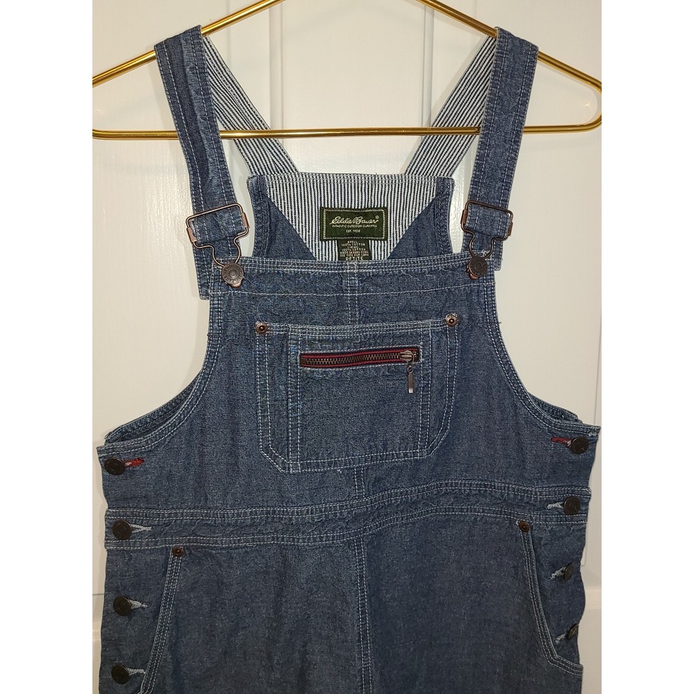 Eddie Bauer Denim Overall Jumper Dress Button Blue Jean Midi Petite Small